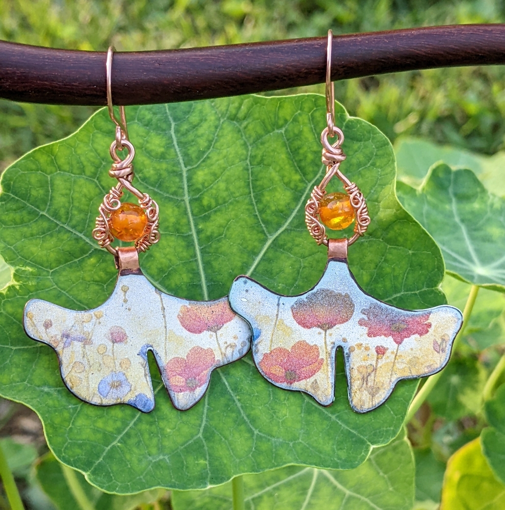 Copper Gingko Leaf Earrings Hand Wrapped Honey Amber Beads Enameled Poppy Design